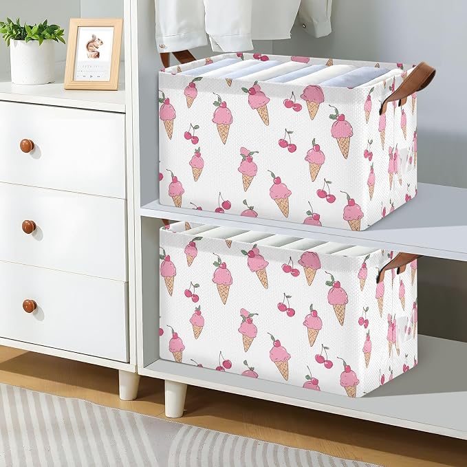 Pink Ice Cream Cone and Cherry Storage Basket Foldable Cube Storage Bins with Handles&Label Waterproof Organizer Box Bin Large Rectangle Decorative Baskets for Shelves Home Room Laundry-2 PC