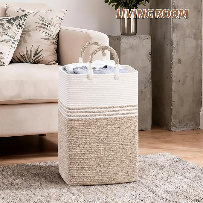Laundry Basket Hamper,Blanket Storage,Dirty Clothes Hamper with Swivel Handles,Woven Cotton Rope Toy Baskets,Blanket Basket Living Room,Decorative Hampers for Nursery,Bedroom,White & Linen,100L
