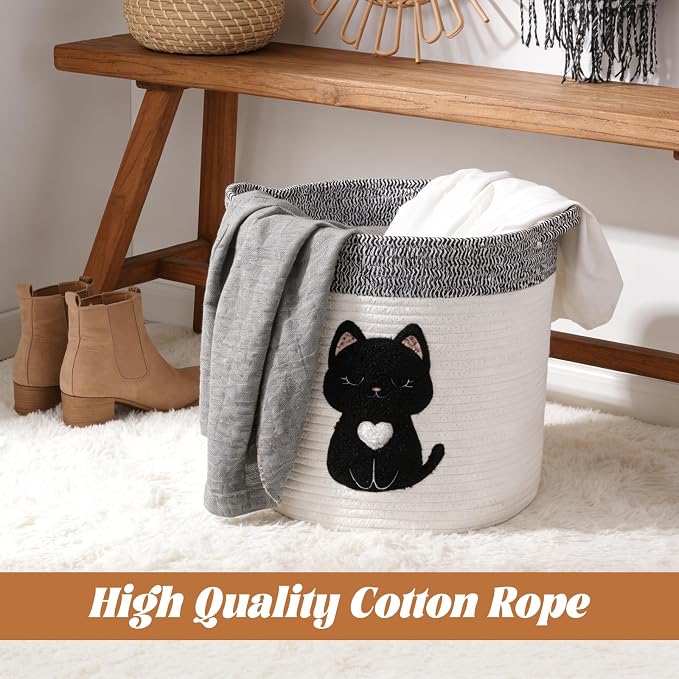 Black Cat Storage Basket - Woven Cotton Rope Basket with Soft Felt Patch, Foldable Organizer for Nursery, Pet Toys & Laundry, Gift & Home Decor (11.8 Inch, Washable)
