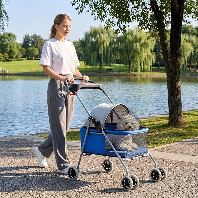 BestPet Foldable Pet Stroller for Small/Medium Dogs and Cats Up to 33 lbs | 4-Wheel Stroller Pet Strolling Cart w/ Breathable Mesh, Lockable Rear Wheels, Cup Holder/Tray & Storage Box for All-Season