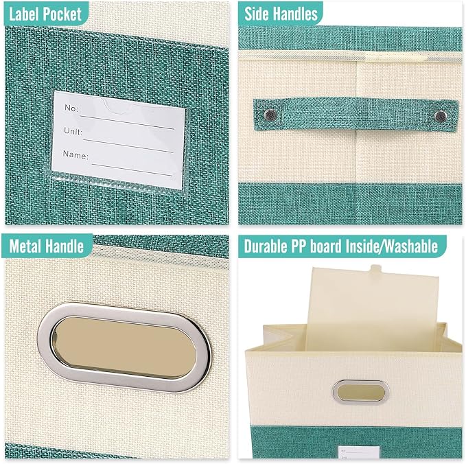 Large Linen Fabric Foldable Storage Bins with Removable Lid and Handles, Washable Storage Box Organizer Containers Baskets Cube with Cover for Bedroom,Office(Green&Cream, Large(2-Pack))