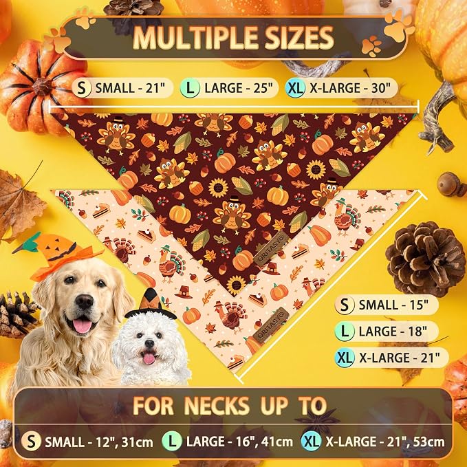 Thanksgiving Fall Dog Bandanas, 2-Pack Triangle Reversible Turkey Pumpkin Pet Scarves, Premium Fabric, Bandana for All Boys Girls Dogs (Large, Style 2)