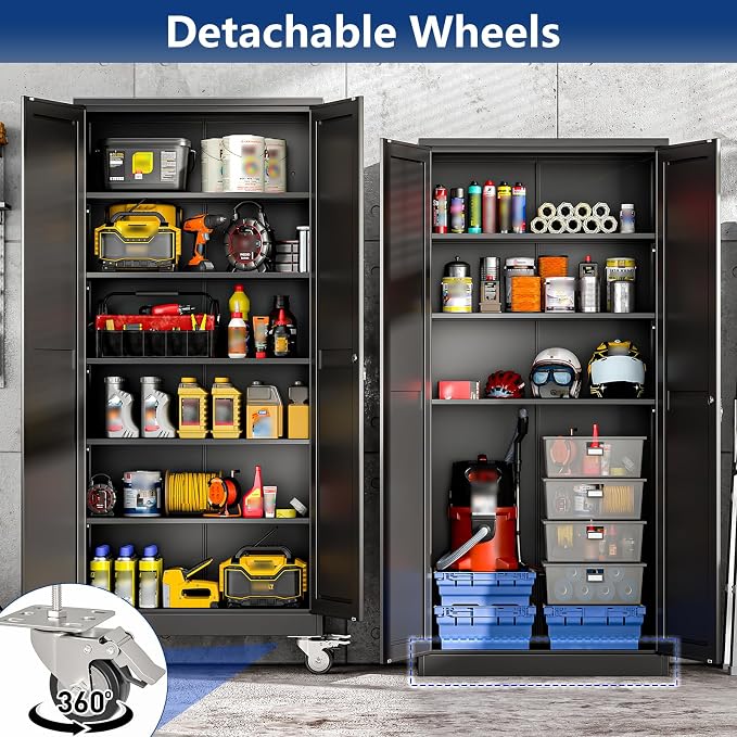 Ckzbx Metal Garage Storage Cabinet with Locking Doors and Adjustable Shelves,75" H Rolling Tool Storage with Wheels for Garage,Office (Black)