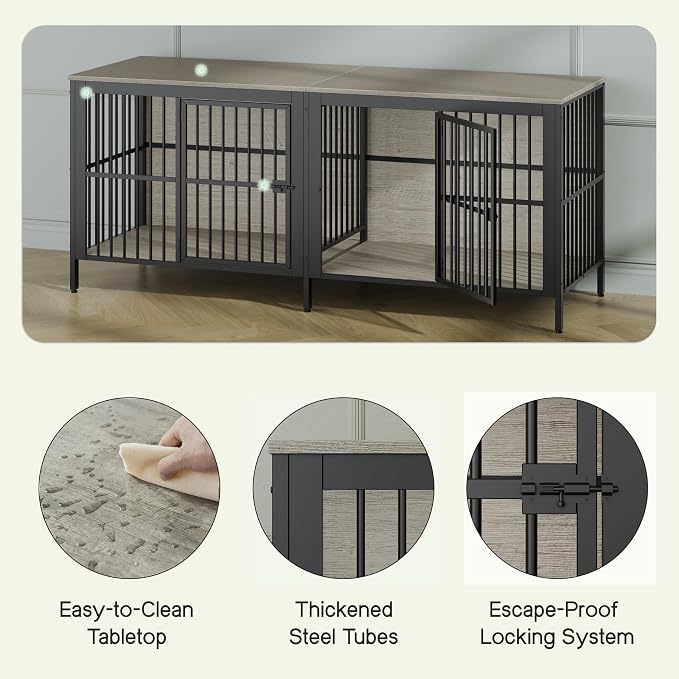 80'' Double Dog Crate Furniture for 2 Dogs, Large Dog Kennel Furniture Indoor as TV Stand, Wooden Dogs Cage Heavy Duty Kennel End Side Table for Living Room, Large & Medium Dogs, Grey