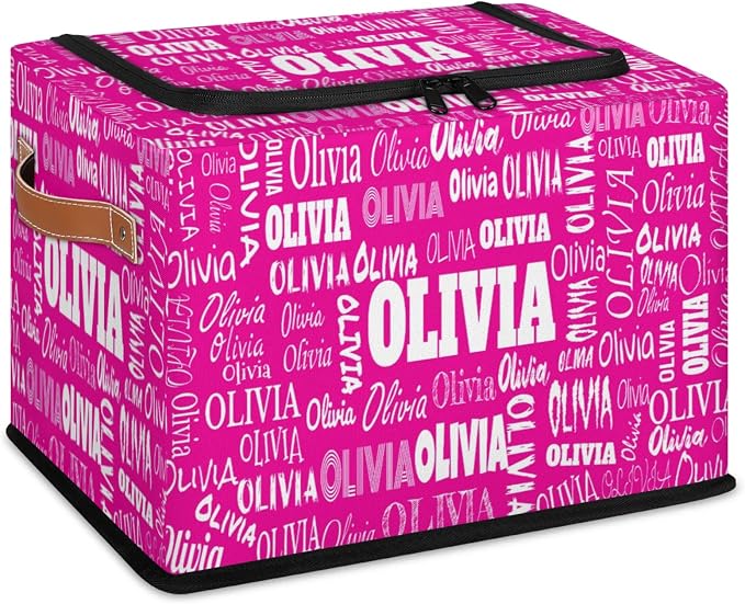 Custom Storage Baskets Named with Zipper Lid, Personalized Storage Bins Basket Boxes PU Leather Handles for Clothes Bedroom Closet Organizing Toys Books Shelves, Deep Pink Color