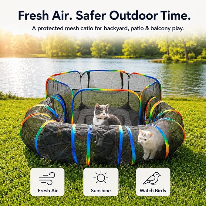 Portable Cat Enclosure - 2-in-1 Outdoor Catio with Tent & Tunnel, Foldable Playpen for Indoor Cats, Includes Storage Bag for Cats & Small Animals Rainbow Color