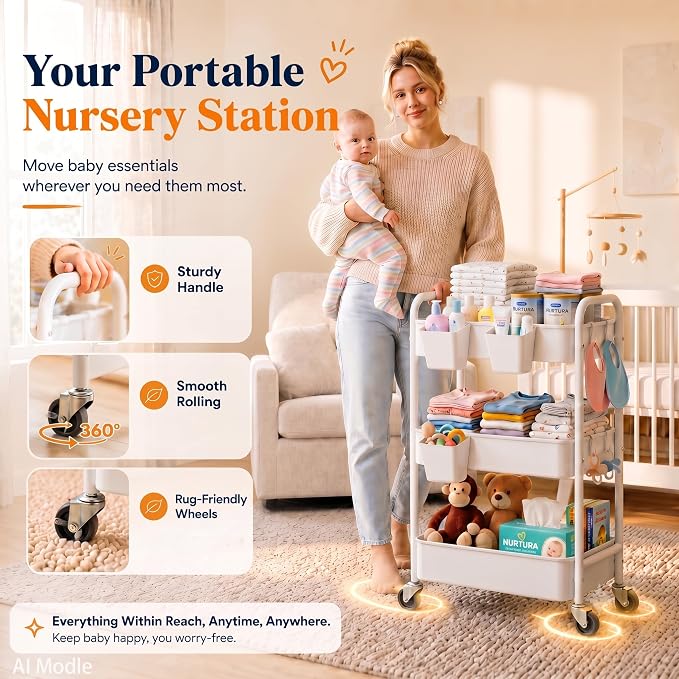 3 Tier Rolling Cart Metal with Wheels, White Three Tiered Craft Cart Organizer on Wheels, Storage Utility Carts for Art, Baby Nursery,Diaper Caddy, Cleaning Supplies, Nail,Lash,Snack,Book,Roller Shelf