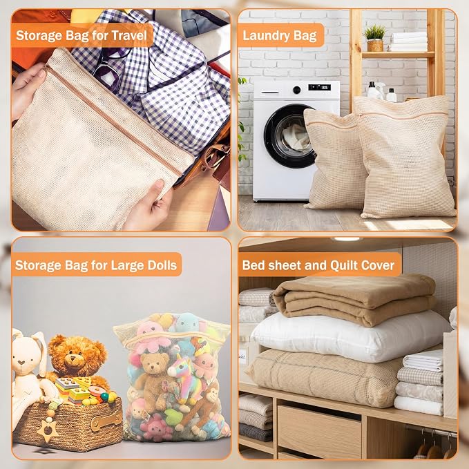 SATINIOR 2 Pack Extra Large 100% Cotton Mesh Laundry Bags 43 x 35 Inch Jumbo Cotton Mesh Large Delicate Bags with Sturdy Zippers Washing Machine Bag for Coats, Blankets, Bedding, Toys, Pet Items