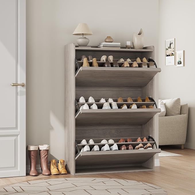 GarveeHome Shoe Cabinet with 3 Flip Drawers, Wooden Shoe Organizer Cabinet with Adjustable Shelf, Shoe Storage for Entryway, Hidden Shoe Cabinet for Hallway, Living Room, Grey
