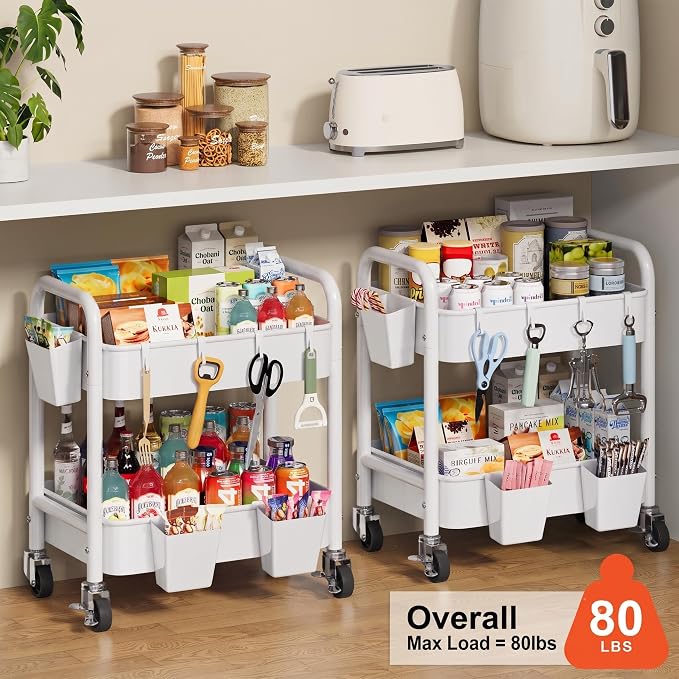 2 Tier Small Rolling Cart Metal with Wheels, White Under Desk Storage Cart on Wheels, Short Utility Roller Caddy Carts Organizer for Art,Craft,Pantry,Bathroom, Two Tiered Shelf Trolley,22 Inches Tall