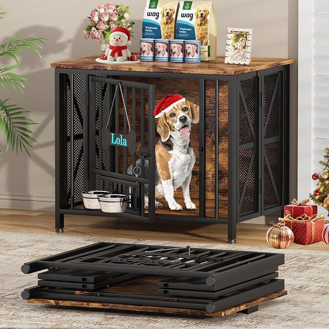 Easycom Dog Crate Furniture, 31.5" Assembly-Free Dog Crates for Small & Medium Dogs, Foldable Dog Kennel Indoor with Tag & Adjustable Dog Bowls, Wooden Dog Cage Use as End Table, Rustic Brown | Foldable Dog Crate Furniture, Wooden Dog Kennel Indoor