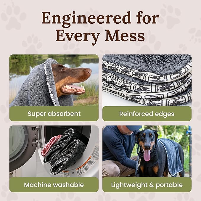 Premium Twisted Loop Drying Towels for Drying Dogs Large 24" x 35" Super Absorbent Microfiber Dog Bath Towel – Quick Dry, Soft – 1200 GSM Gray for Pets, Beach, Camping & Travel