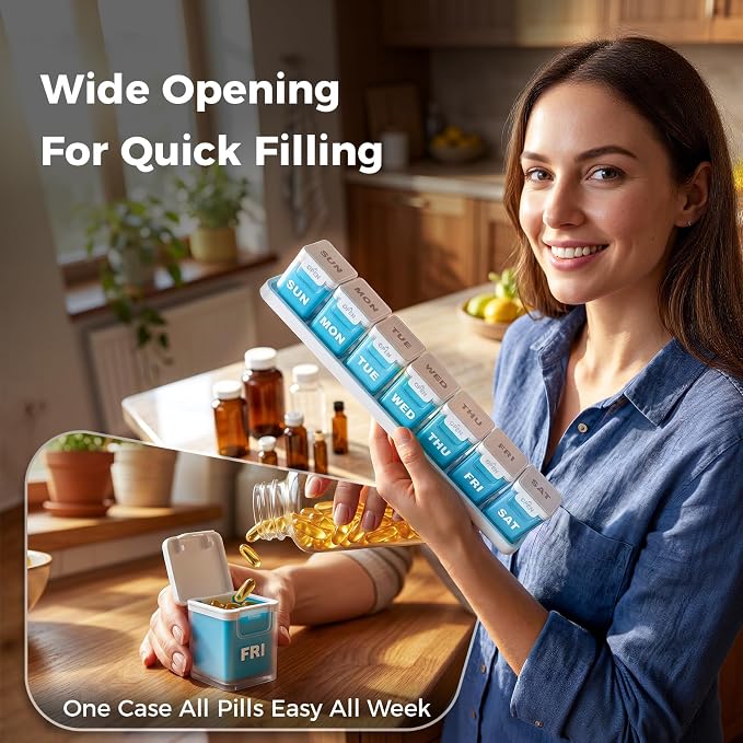 ODARO Extra Large Weekly Pill Organizer Once A Day - Blue | Large Capacity, Big Font, Wide Opening Easy For Seniors, Detachable Portable, Spill Proof, BPA Free