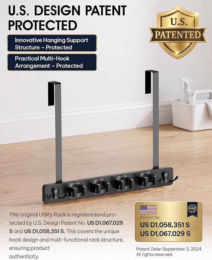 Lorbro Broom Holder Door Mount, Wood Over the Door Broom and Mop Holder | 4 Slots 4 Hooks, No Drill Setup, EVA Protection Pads, Secure Grip, Laundry Garage Closet Kitchen Use, Black