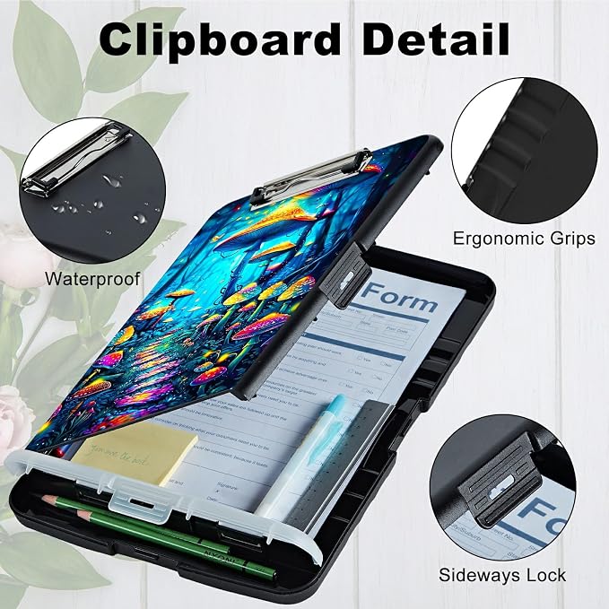 Blue Forest Mushroom A4 Clipboard with Storage Pen Holder, Clipboards Organizer Nursing Clipboard Foldable File Folder Plastic Clipboard Folio Clip Board for Office Students Classroom