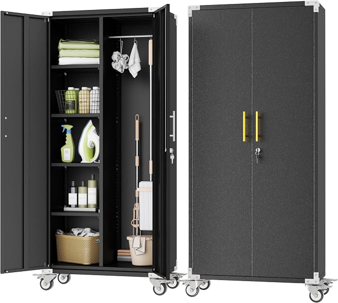 pozdeg 71" Black Rolling Lockable Metal Broom Closet Storage Cabinet