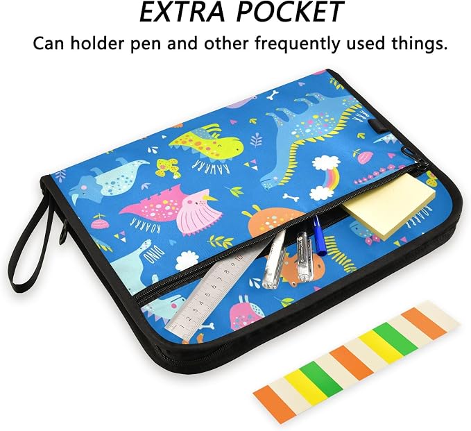 Cute Dinosaur Pattern Blue Expanding File Folder with Sticky Labels, 13 Pockets Accordion File Folder Document Organizer Expandable Zip File Folder with Zipper Closure