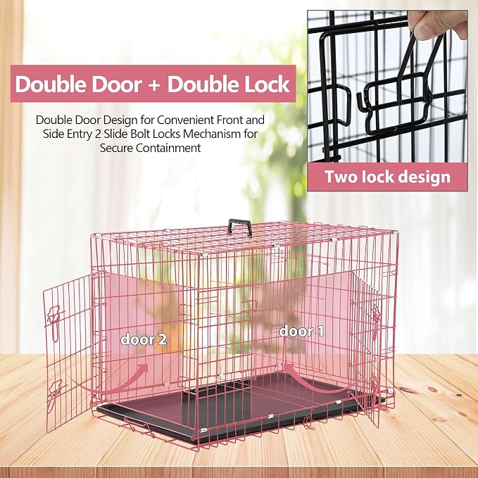 30 Inch Medium Dog Crate, Heavy Duty Dog Crates for Medium Dogs, Metal Wire Folding Dog Cage with Removable Trays, Locks, Double-Door, Divider Panel, Handle, Puppy Crate Pet Crate (30 in, Pink)