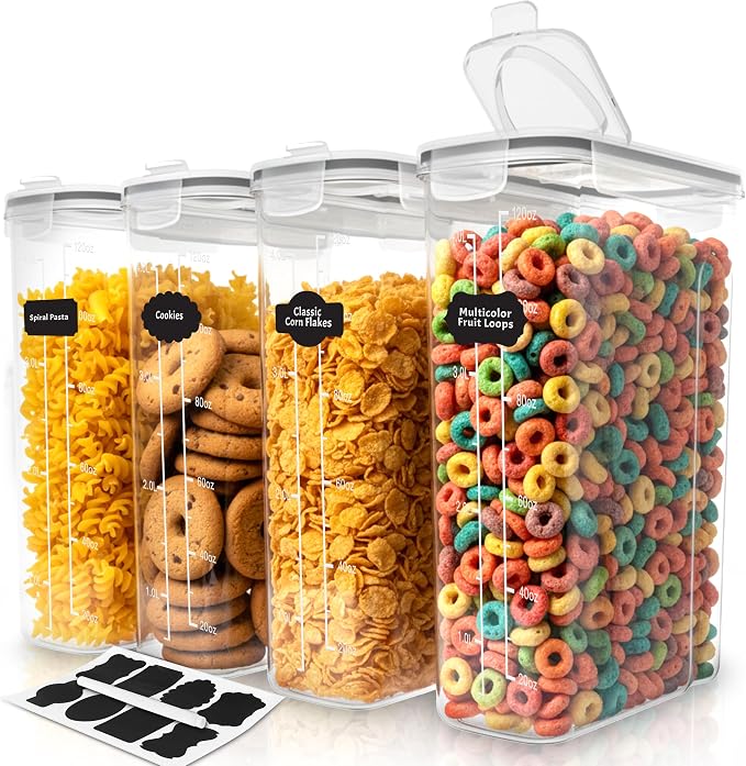 Utopia Kitchen Cereal Containers Storage Set with Lids, 4 Pack, 4L, Clear | Airtight Food Storage Containers with Lids, BPA-Free Cereal Dispensers for Pantry Organization and Storage