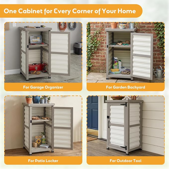 Outdoor Storage Cabinet with Metal Top, Wooden & Plastic Potting Bench & Tool Organizer, Adjustable Shelf for Patio Backyard Garden, Small Outdoor Cabinet for Tools
