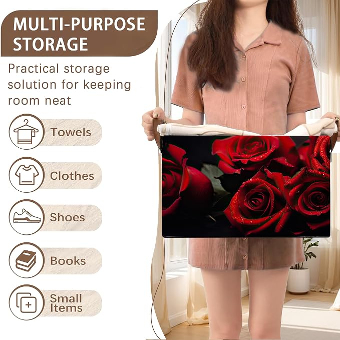 Romantic Rose Storage Basket Large 17x11.5x10.5 Inche-Collapsible Fabric Organizer Bin with Handles for Bedroom,Wedding Decor,Farmhouse-Foldable Decorative Hamper with Blossom Floral Design-1 Pack