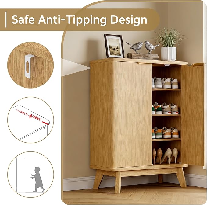 Shoe Cabinet with Doors & Adjustable Shelves, Natural | Modern Wooden Storage Cabinet for Entryway, Mudroom And Apartment, Reducing Clutter And Dust Buildup