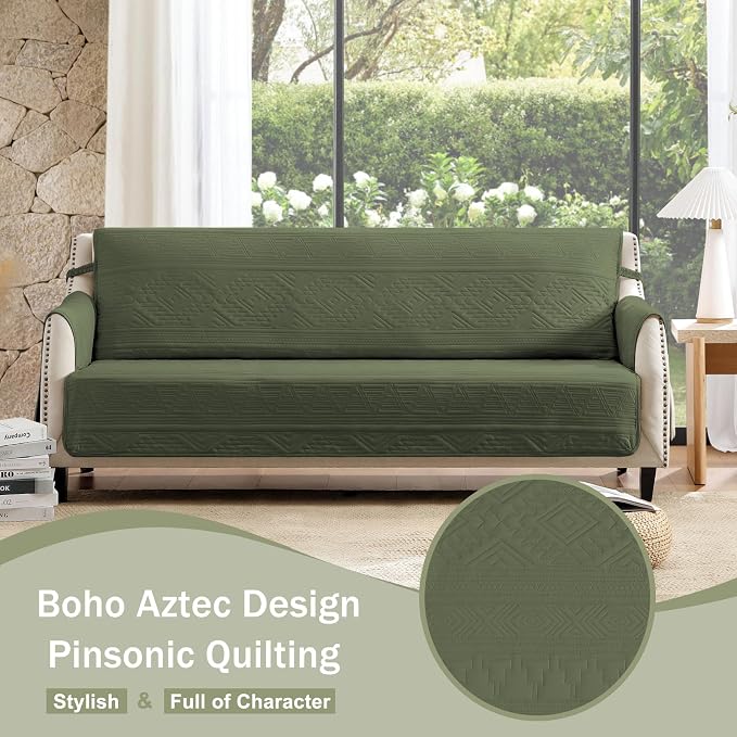 Boho Quilted Pet-Friendly Couch Covers with Pockets, Anti-Slip Aztec Couch Covers for 3 Cushion Couch Sofa, Couch Cover for Dogs Water-Repellent Machine Washable (Large Sofa 68", Olive Green)