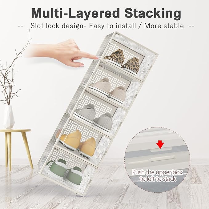 Kuject 12 Pack Large Shoe Boxes, Clear Stackable Containers with Lids,White | Shoe organizers for closet & entryway, under-bed,Drop-front design fits women's size 10