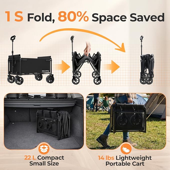 Portable Collapsible Wagon Cart, Foldable Cart with Removable Side, Utility Groceries Wagon for Dogs Pets Camping Beach Shopping Sports Gardeing Fishing, Dark Black