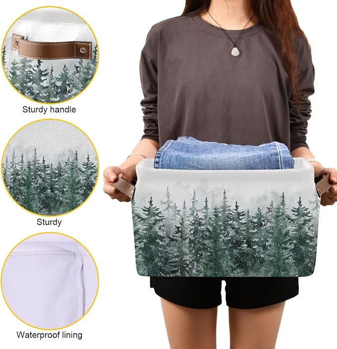Winter Pine Forest Tree Storage Basket with Waterproof Liner and PU Handles Christmas Snow Scene Storage Bins Boxes 14.2" Collapsible Decorative Organizer Baskets for Bedroom Closet Office 2 Pack