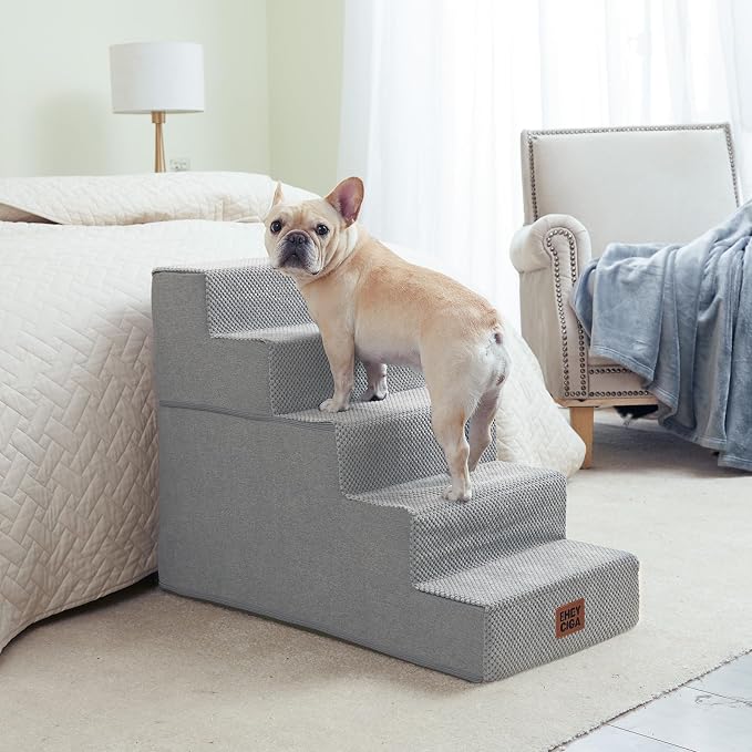 EHEYCIGA Dog Stairs for High Bed 22.5" H, 5-Step Dog Steps, Light Grey | Pet Steps for Small Dogs and Cats for Bed, Non-Slip Balanced Pet Ramp Indoor