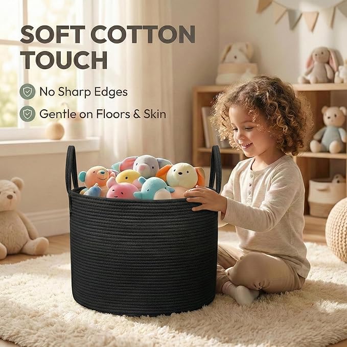 JMvicyroam 115L Extra Large Machine Washable Cotton Rope Blanket Basket | Collapsible laundry hamper, Reinforced handles, For blankets, pillows, toys and clothes, Living room and bedroom, Black