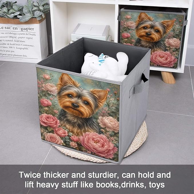 Yorkie Dog Floral Portrait Storage Bin with Handles, Oxford Fabric Foldable Storage Cube Organizer for Clothes, Towels, Bedroom, Living Room, Home Organization