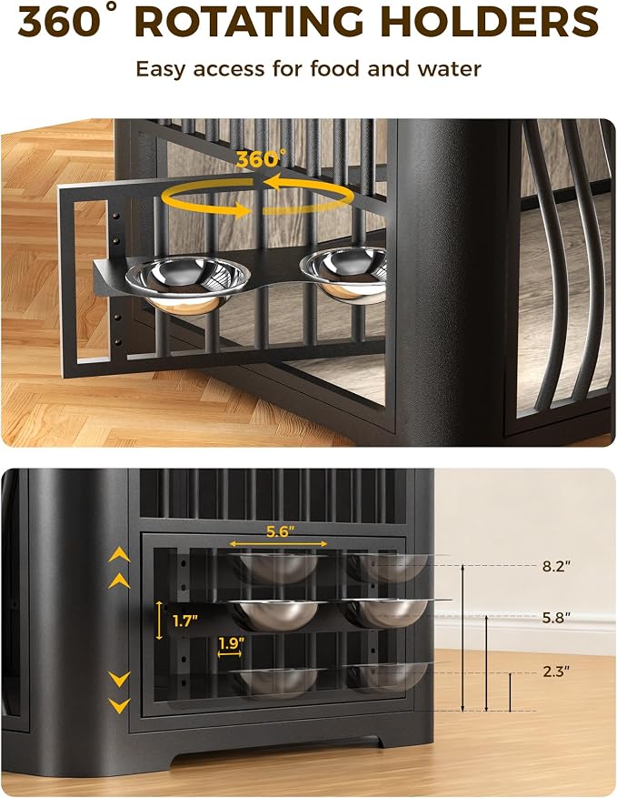 48 Inch Large Dog Crate Furniture, Heavy Duty Wood Dog Kennel Furniture Indoor for Large and Medium Dogs, Pet Crate Furniture with Adjustable Rotating Hanging Bowl and Table, Wood White