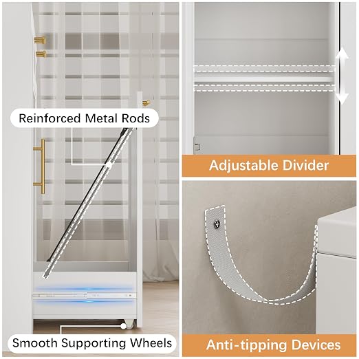 2 X 13 Gallons Double Pull Out Trash Can Cabinet with Storage, White | 54"W Fluted Kitchen Trash Cabinet with Adjustable Shelf & Drawers, Hidden Pet Proof Trash Can Holder for Laundry Living Room