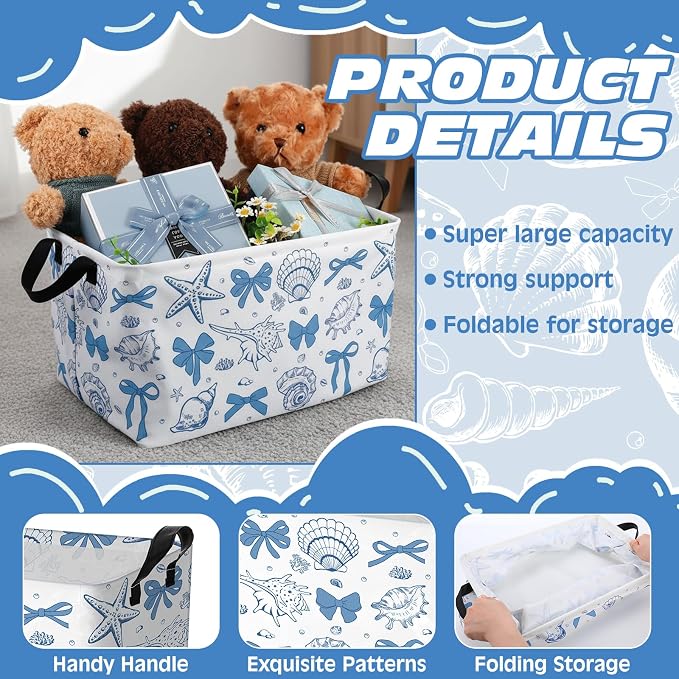 4pcs Christmas Storage Basket Fabric Laundry Baskets with Handle Xmas Foldable Organizer Boxes for Office Home Baby Cloth Toy Book 15 x 10 x 8(Summer Shell)