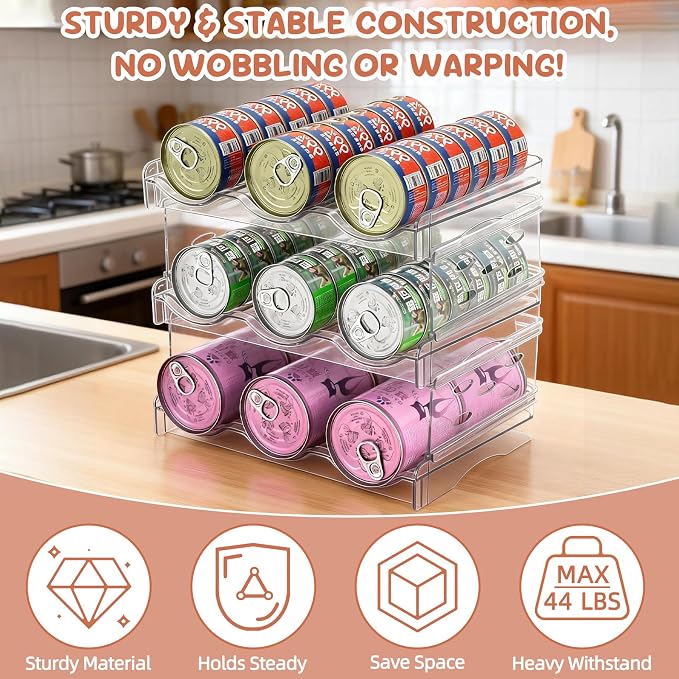 FHTONGE 3-Tier Heavy-Duty Transparent Cat Can Organizer for Multiple Sizes | Wet Cat Food Storage Rack for Pantry Kitchen Cabinet Rridge, Pet Canned Goods Dispenser Shelf Dog Tins Holder Container