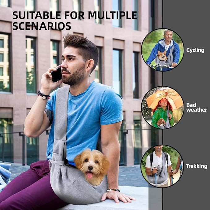 Dog and Cats Carrier Sling, Puppy Small Pet Carrier with Storage Pocket | Reversible Dog Sling Carrier, Safety buckle, Storage Pocket, Machine Washable for Travel, Outdoor Activities, Hand-Free, Gray