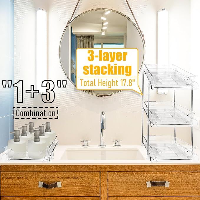 2 Pack Bathroom Storage Organizer with Dividers, 2-Tier Clear Vanity Counter Makeup Storage, Stackable Pull Out Under Sink Organizers for Bathroom Kitchen Pantry