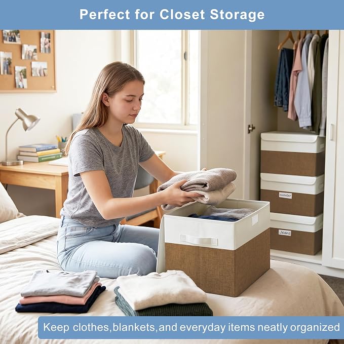 Large 22 Quart Linen Fabric Foldable Storage Bin Cube Organizer Basket with Flip-Top Lid & Handles, Clothes Blanket Box for Home, Office, Closet, Brown & White, 4 Pack 14.6 x 9.5 x 9.5