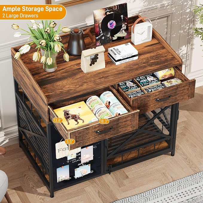 Dog Crate Furniture, 38 Inch Dog Kennel Indoor Furniture with Storage Drawers and Adjustable Foot Pads, Wooden Pet Cage End Table with Rotating Wheels and Blackboard for Small Medium Large Dogs