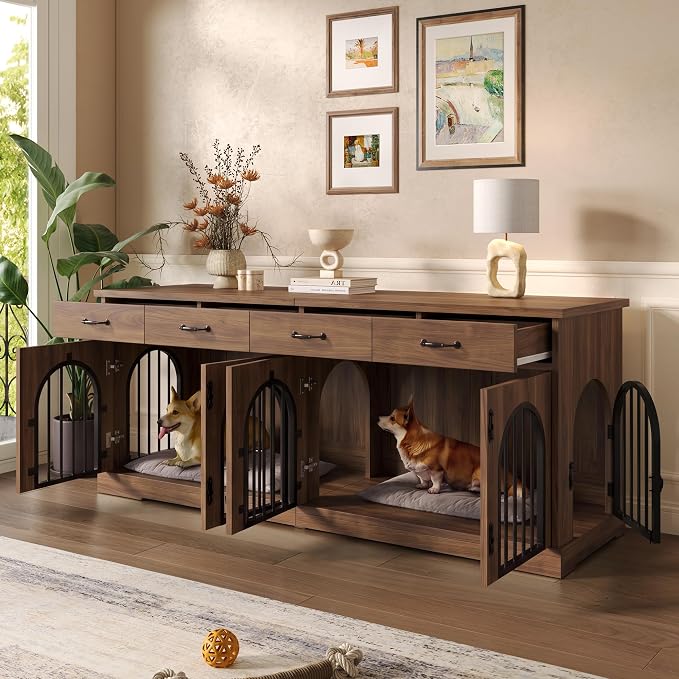 Merax 70.8" Large Dog Crate Furniture & TV Stand for 2 Dogs – Double Kennel with 4 Storage Drawers, Removable Divider & Arched Metal Doors – Wood Indoor Pet House for Medium/Large Breeds, Brown