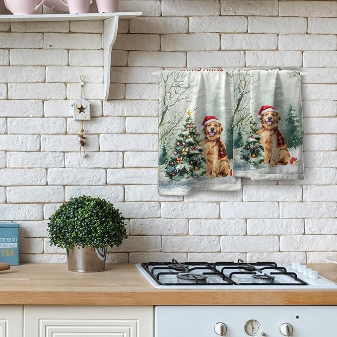 Giwawa Winter Dog Hand Towels Xmas Tree Fingertip Face Towel Set of 2 Soft Absorbent Holiday Kitchen Tea Dish Towels for Bathroom Home Gym Decor