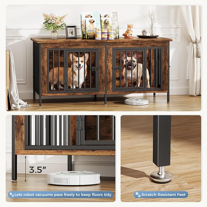 DUMOS 54" Dog Crate Furniture for 2 Dogs with Divider, Rustic Brown | Wooden Dog Kennel Furniture, Small Breed Center Divider and Double Doors, Heavy Duty Indoor Dog Cage, TV Stand, Side Table