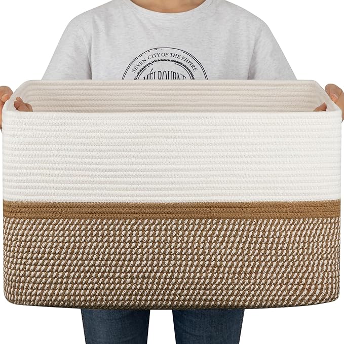 OIAHOMY Blanket Basket Laundry Basket Dog Toy Basket 75L Yellow/White | Large Storage Basket,Baby Basket,Toy Storage,Woven Rope Basket for Blankets,Blanket Storage for Living Room