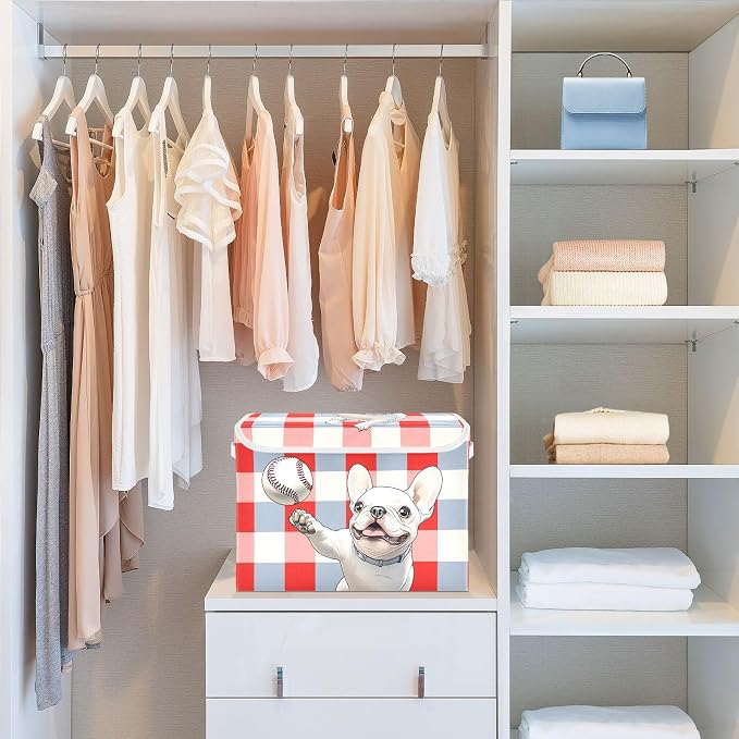 Dog Baseball Fabric Storage Bins with Lid Closet Storage Basket 40L | Decorative Storage Boxes, 300D Oxford Cloth, Hollow Board Frame, Flip Top Velcro Lid, 16.5x12.6x11.8 inch, Collapsible Design