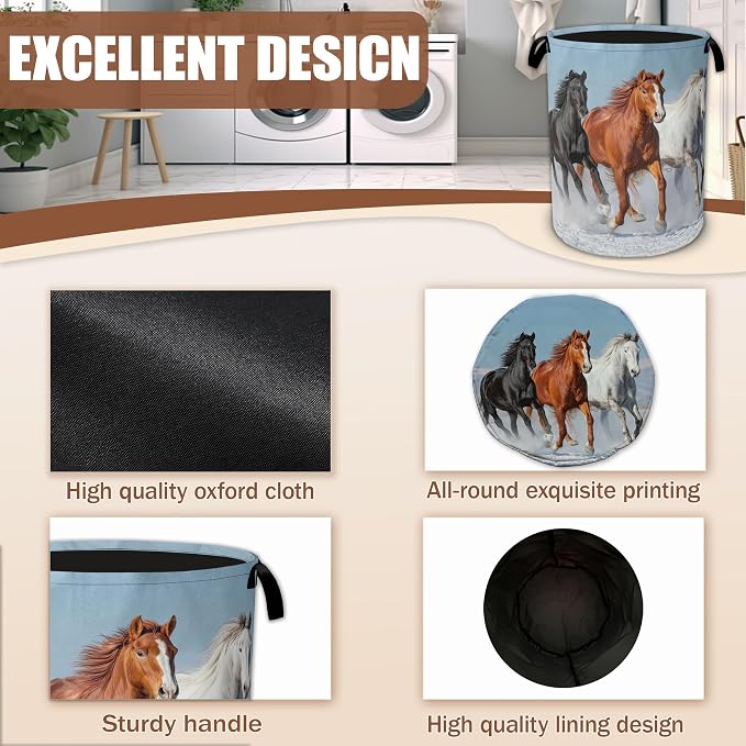 Horses Gallop Laundry Hamper,Laundry Baskets,Waterproof Oxford Cloth Toy Storage for Bedroom,Bathroom,Nursery,16x20.8 Inch