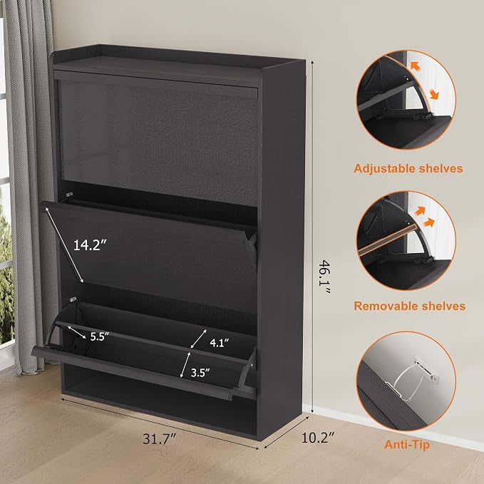 GarveeHome Shoe Cabinet with 3 Flip Drawers, Wooden Shoe Organizer Cabinet with Adjustable Shelf, Shoe Storage for Entryway, Hidden Shoe Cabinet for Hallway, Living Room, Black