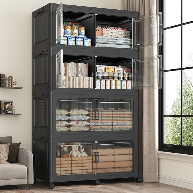 160Gal Stackable Storage Bins with Lid 4-Tier Collapsible Cabinet Closet Organizer Box with Wheels, 640QT Large Plastic Drawer Container with Doors for Clothes Kitchen Organizing, Black