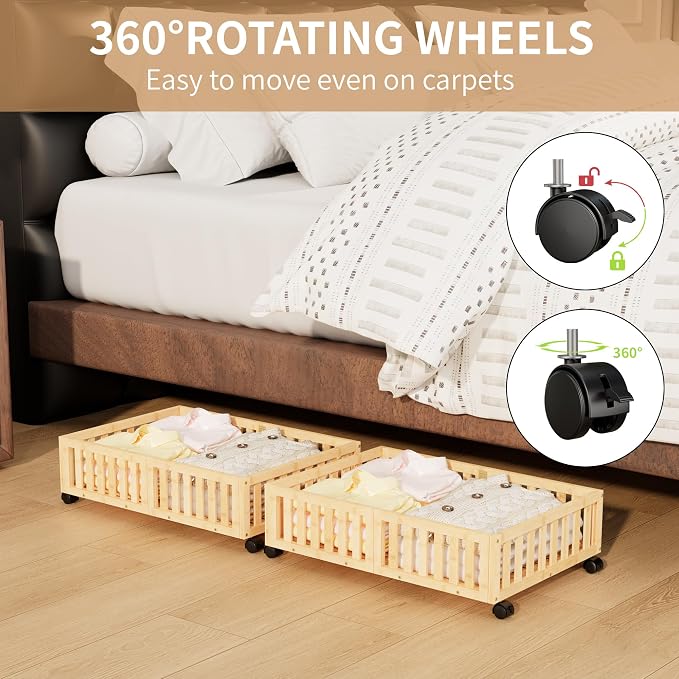 Under Bed Storage with Wheels, 2 Pcs Bamboo Drawers for Clothes and Toy | 360° wheels glide smoothly, Sturdy bamboo frames hold clothes, shoes, bedding and toys. Easy pullout access keeps rooms tidy